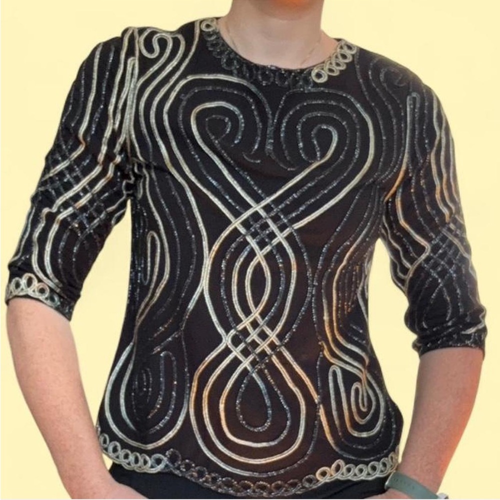 Christopher & Banks Black and Gold Swirl Crewneck Sweater
